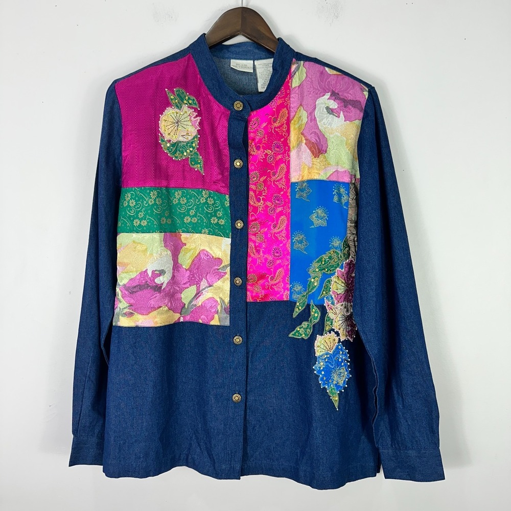Blair Boutique Denim Patchwork‎ Shirt L Multicolor Jacquard Boho Vintage Artsy